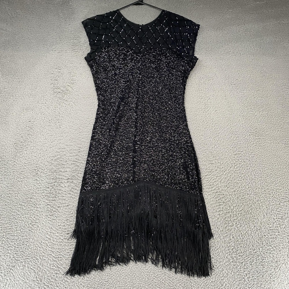 Unique Vintage Black Sequined Fringe Midi Dress